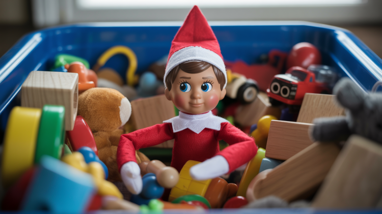 an Elf on the Shelf doll partially submerged in a colorful toy bin overflowing with various playthings