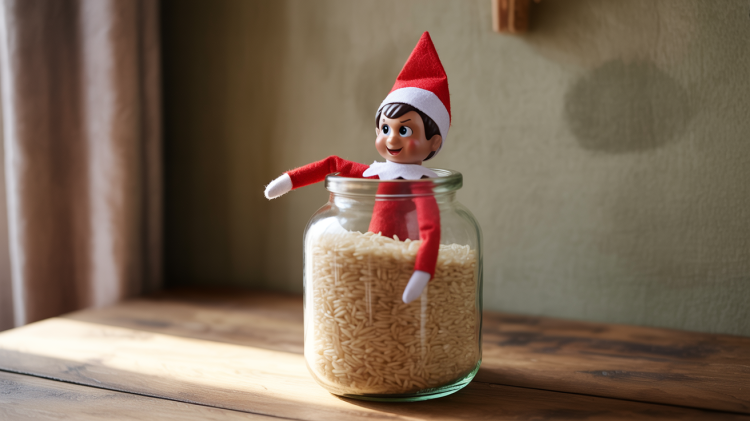 an Elf on the Shelf doll partially submerged in a large glass jar filled with uncooked white rice