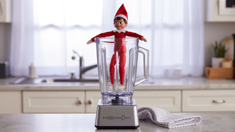 an Elf on the Shelf doll precariously positioned inside a clear glass blender pitcher