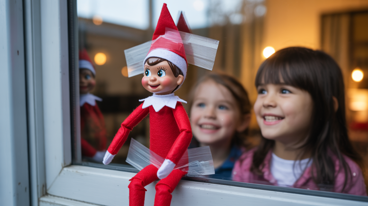 an Elf on the Shelf doll precariously taped to the exterior of a living room window with clear tape