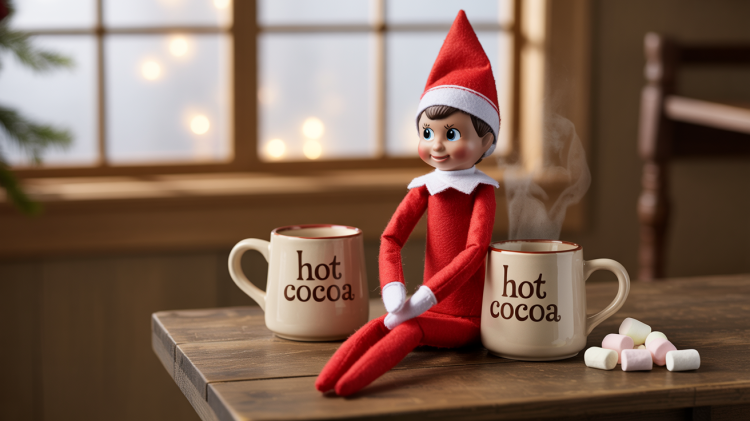 an Elf on the Shelf doll seated on a rustic wooden table next to two ceramic mugs