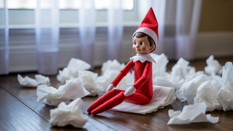 Elf on the Shelf doll sitting serenely amidst a flurry of shredded white facial tissues
