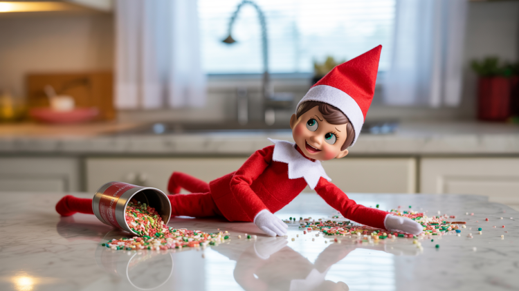 an Elf on the Shelf doll sprawled playfully on a bright white kitchen counter