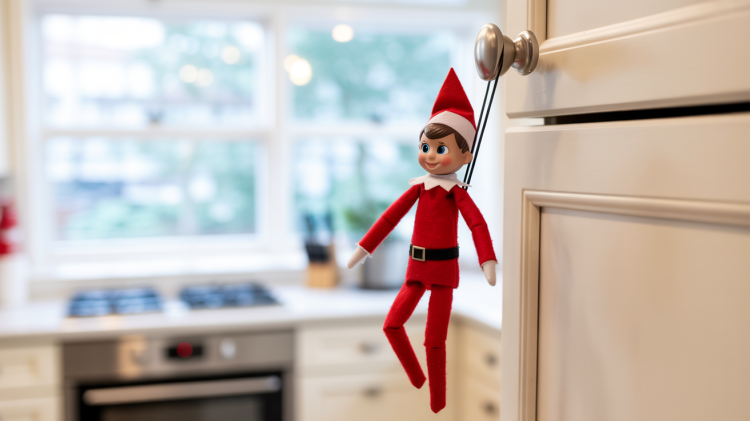 an Elf on the Shelf doll suspended from a sturdy black string attached to a brushed nickel cupboard knob on a white kitchen cabinet