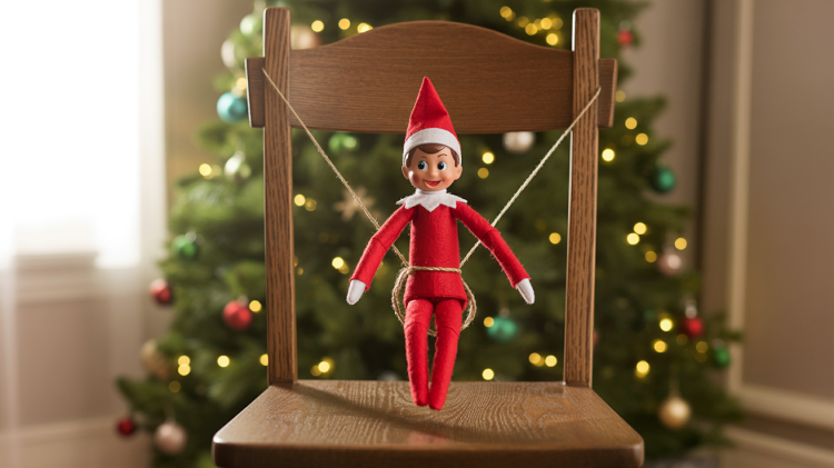 an Elf on the Shelf doll suspended mid-swing from a wooden dining chair
