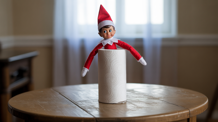 an elf on a shelf doll inserted halfway into a paper towel cardboard tube. Leave arms out like he’s trapped.
