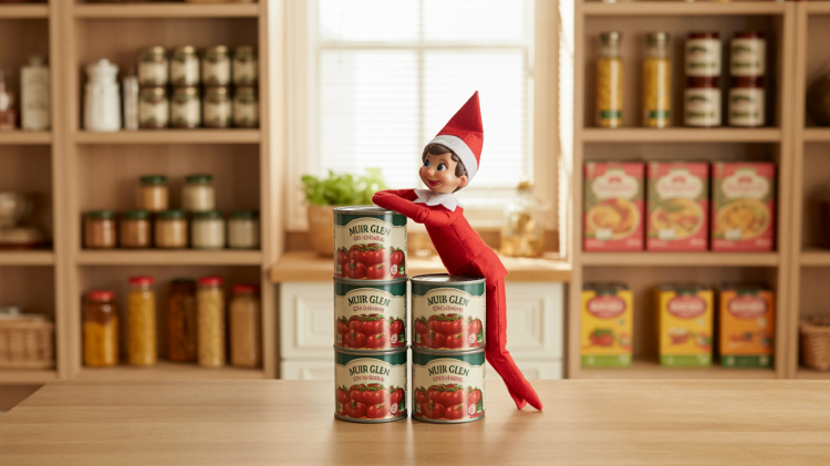 an elf on a shelf doll inside a kitchen pantry. The elf is leaning playfully against a slightly tilted stack of six 28oz cans of Muir Glen organic diced tomatoes