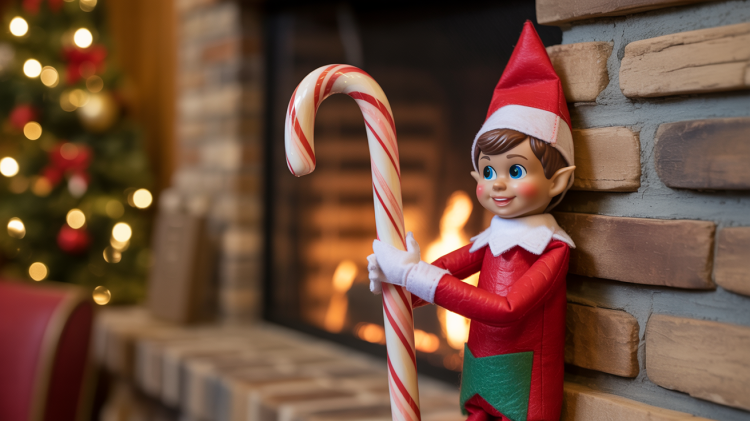 an elf on a shelf doll leaning against a stone wall. The elf holds a peppermint candy cane upright, using it as a walking stick