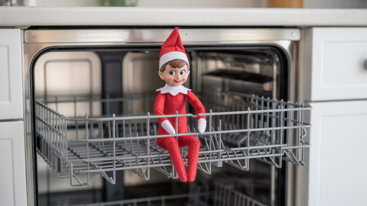 elf on a shelf doll perched atop the topmost rack of an open stainless steel dishwasher