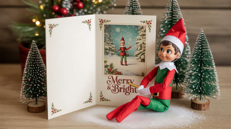 an elf on a shelf doll sitting next to a Christmas card. A pen is in the elf's lap as if he was about to write a message in the card