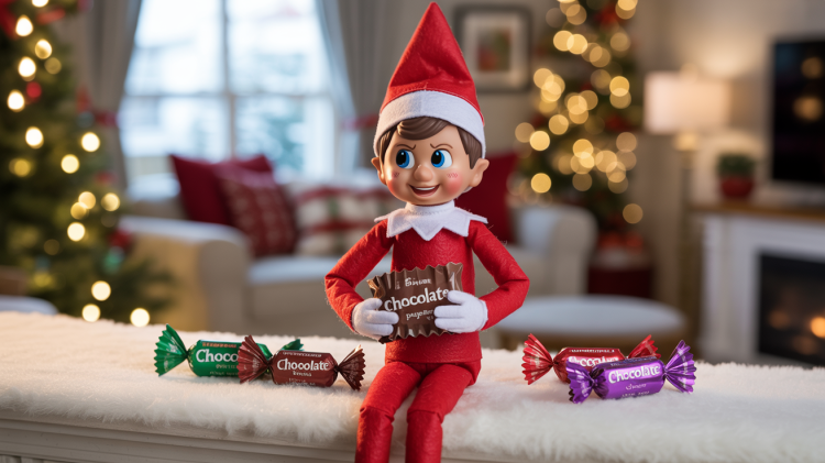 an elf on a shelf doll surrounded by Scattered empty candy wrappers