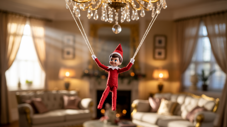 an elf on a shelf doll suspended from thin white string is meticulously tied around each of the elf's hands, extending upwards to a glittering crystal chandelier