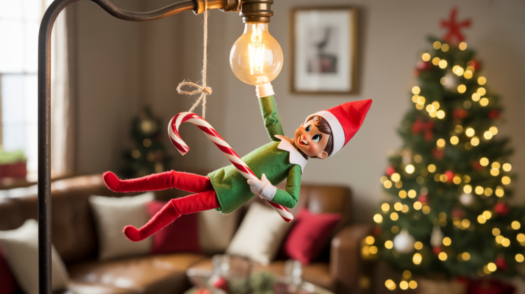 an elf on a shelf doll suspended mid-air, playfully gripping a bright red candy cane