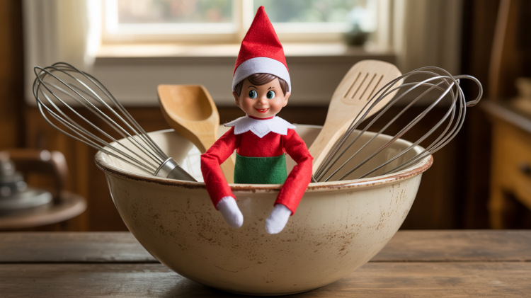 an elf on the shelf doll inside a mixing bowl surrounded by whisks and spatulas. It looks like he’s ready to cook.