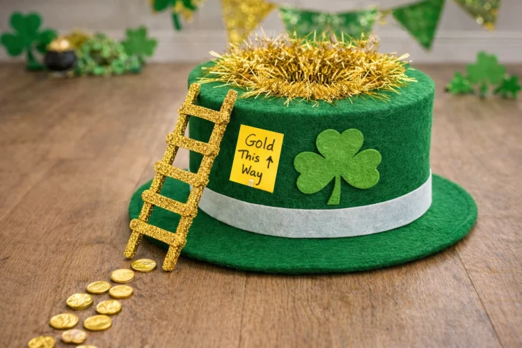 A decorative St. Patrick's Day themed hat made from green felt with a white ribbon trim and shamrock emblem. a popsicle stick ladder leads to the top where gold tinsel hides a trap door