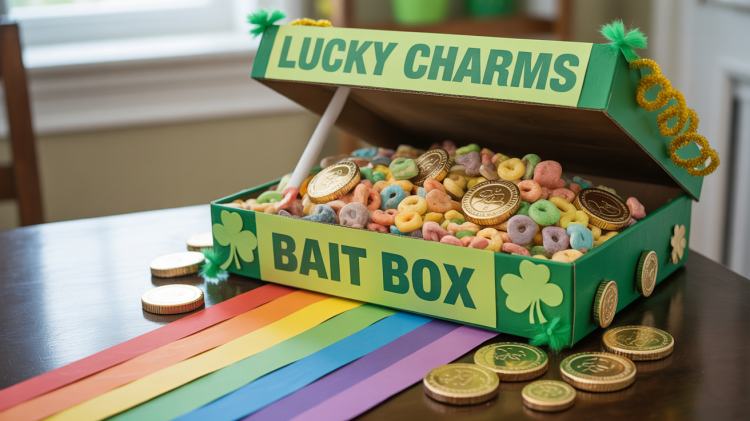A leprechaun trap made from a decorated shoebox with LUCKY CHARMS BAIT BOX written in green letters. The box is filled with colorful Lucky Charms cereal and shiny gold chocolate coins