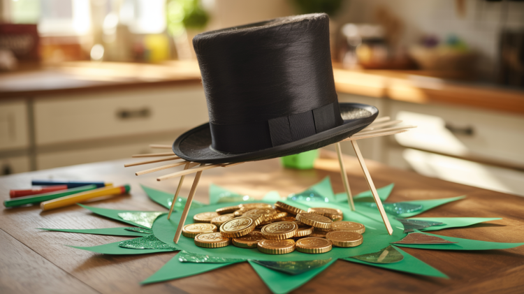 A whimsical DIY leprechaun trap crafted from a tall black top hat precariously balanced on thin wooden craft sticks