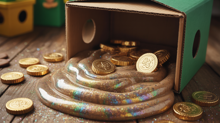 A whimsical cardboard box trap designed to catch a leprechaun, filled with layers of sparkly glitter glue creating a shimmering, sticky treasure pit