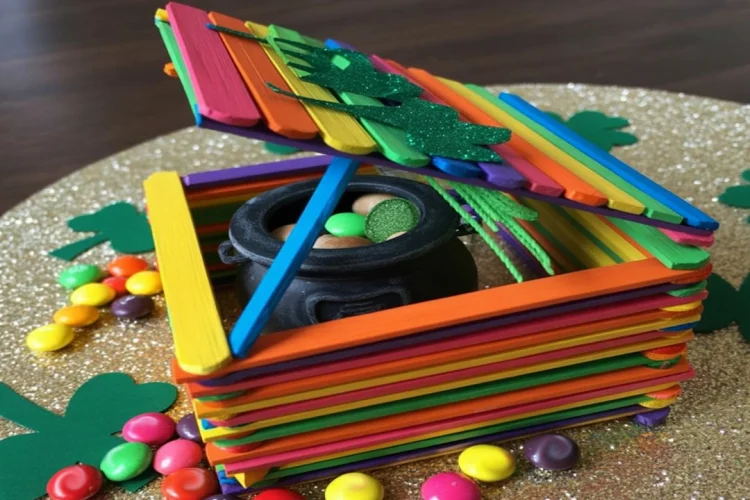 a house made from colorful craft sticks arranged in a rainbow pattern. The house structure is built on a gold glittery surface and contains a black cauldron with a green shamrock decoration on top