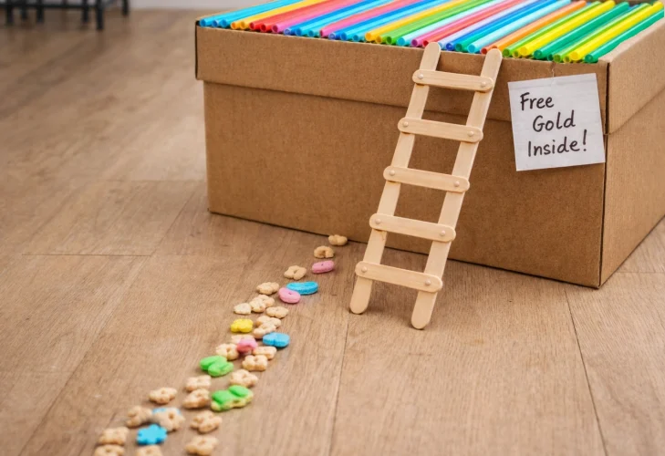 a leprechaun trap made from a cardboard box and plastic drinking straws with a popsicle stick ladder