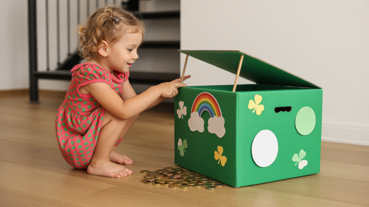 examining a large rectangular green cardboard box sitting on the ground, decorated for St. Patrick's Day with craft supplies