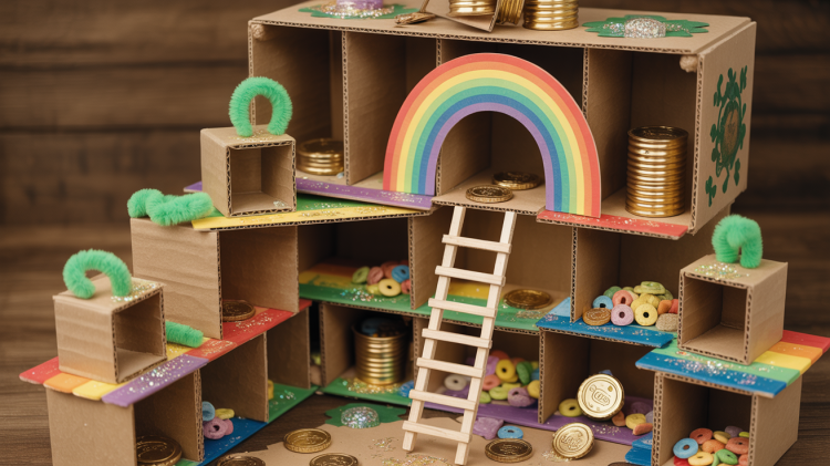 an elaborate multi-level leprechaun trap constructed from a large cardboard box with intricate craft stick platforms and small box compartments creating a maze-like structure