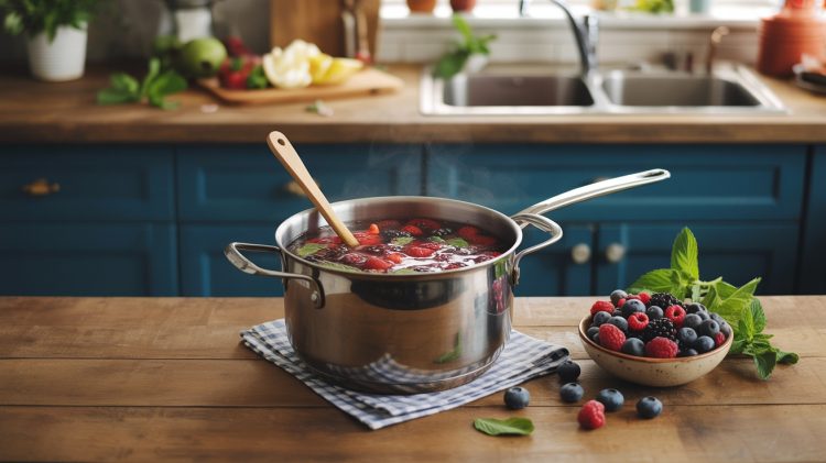 a stock pot on a kitchen counter filled with fresh berries and mint leaves