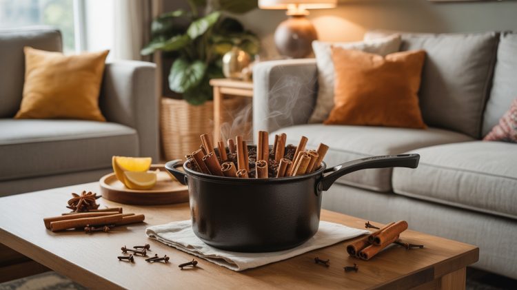 a stock pot in a living room filled with cinnamon sticks and cloves