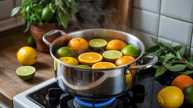 a stock pot on the stove filled with lemon, lime, and orange halves