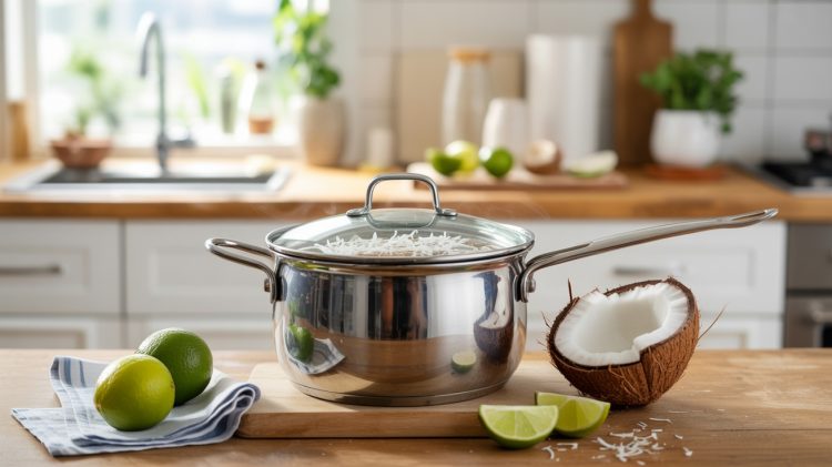 a stock pot with lime slices and a fresh cut coconut next to it