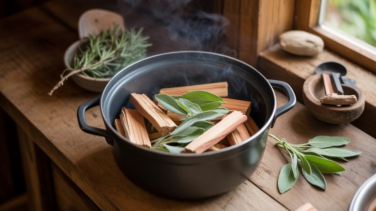 a stock pot filled with pieces of cedar wood and fresh sage leaves