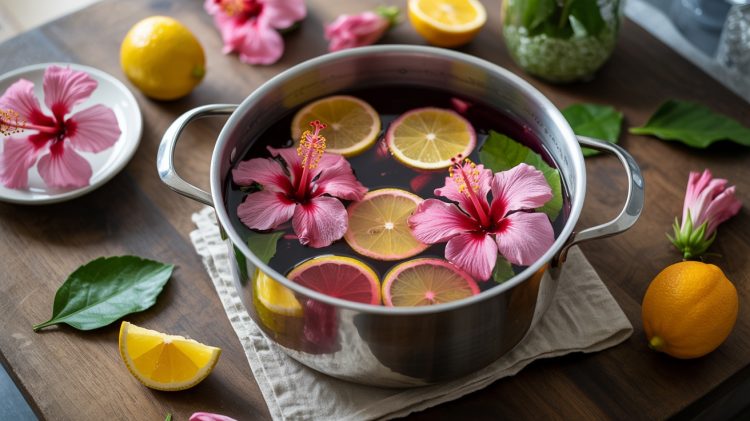 a stock pot filled with hibiscus flowers and slices of citrus fruits