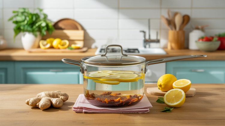 a pot on a kitchen towel in a sunny kitchen with ginger root and lemon halves nearby