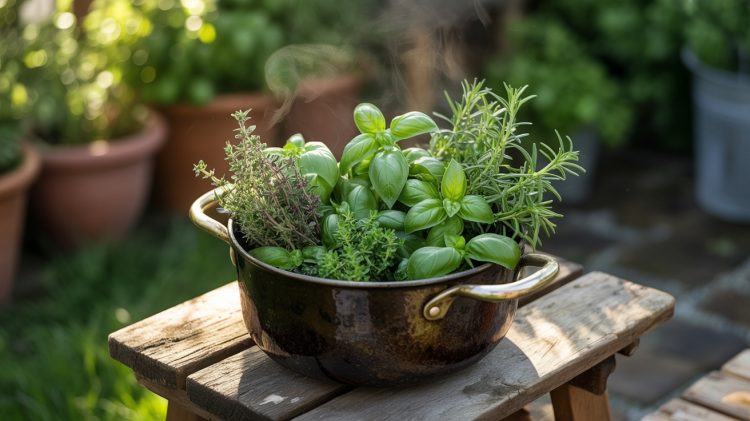 a stock pot filled with fresh herbs from the garden