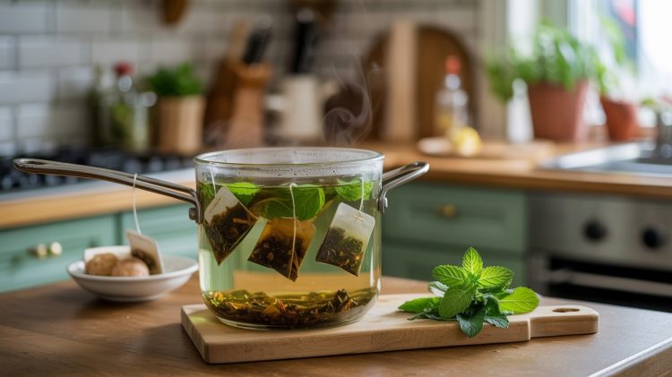 a glass pot filled with mint green tea bags