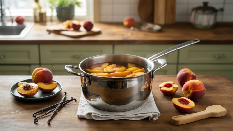 a pot on a kitchen towel in a kitchen with simmered peach halves and vanilla pods