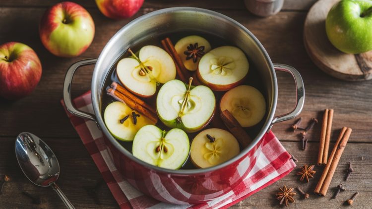 a stock pot filled with apple halves and cinnamon sticks