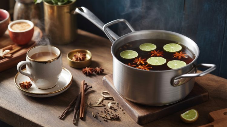 a stock pot on a wood cutting board filled with star anise, cinnamon sticks, lime slices, and fresh ginger