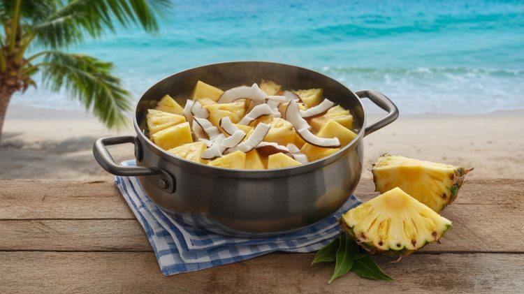 a stock pot filled with fresh pineapple and coconut pieces